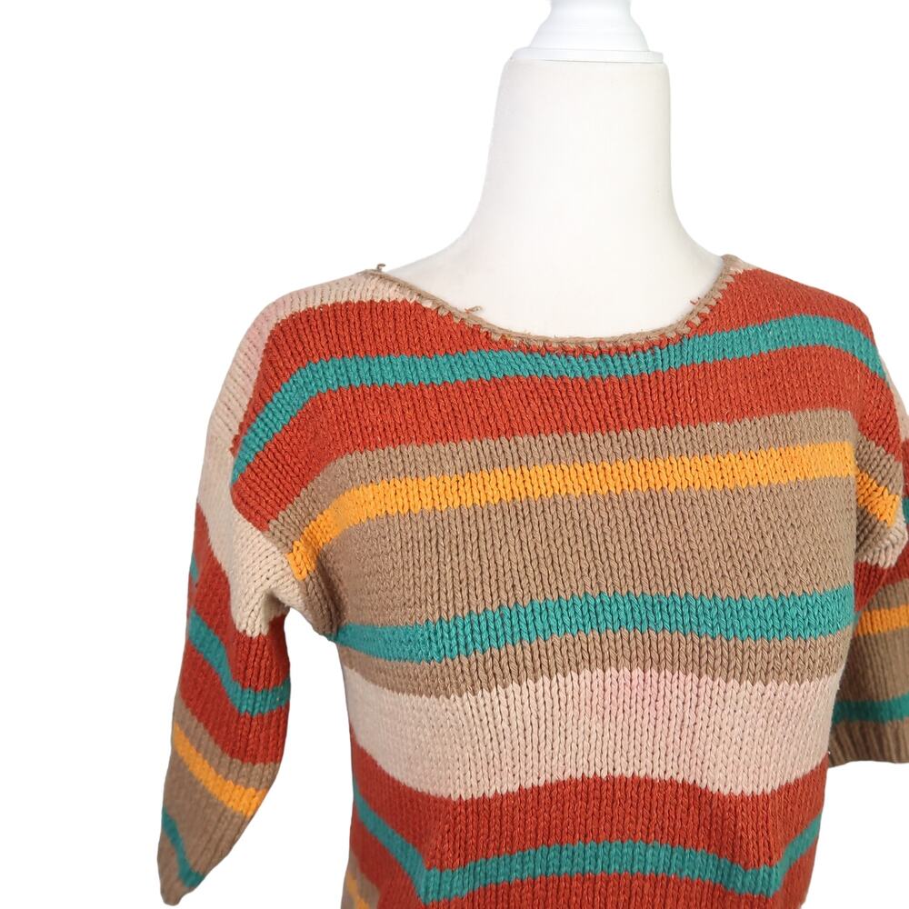Vintage 90s tan and rust multicolor stripe knit short sleeve sweater S - Picture 2 of 6
